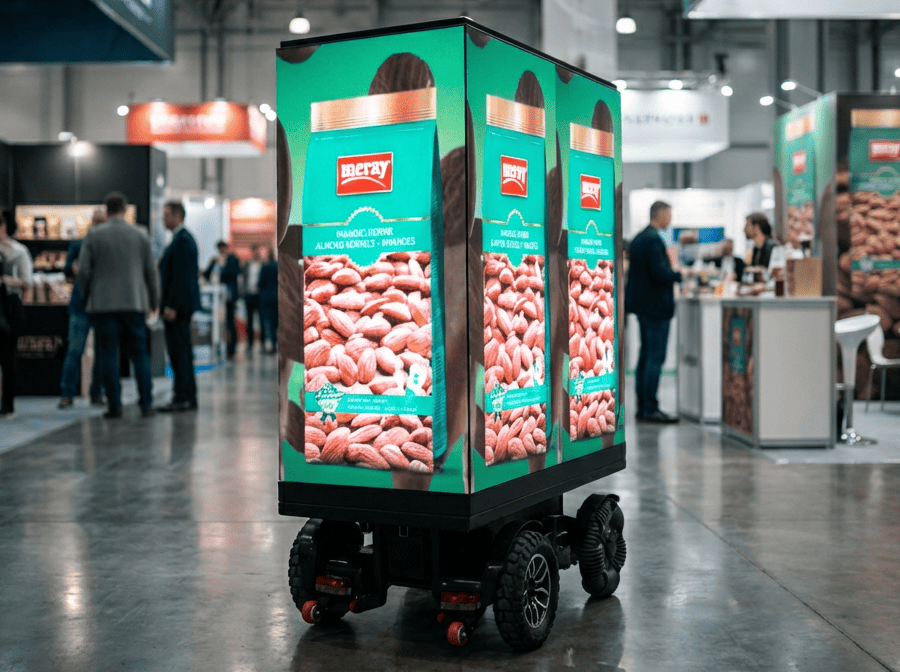 Fuar ve etkinlik alanlarında kullanılan Emay Creative mobil reklam aracı, büyük LED ekranıyla dikkat çeker